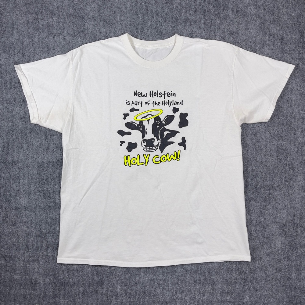 Vtg Holy Cow New Holstein T-Shirt Mens XL White Wisconsin Holyland Map